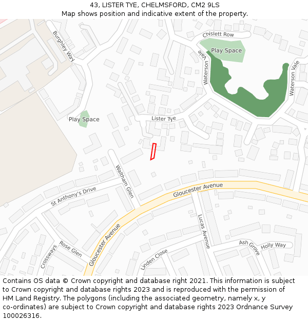43, LISTER TYE, CHELMSFORD, CM2 9LS: Location map and indicative extent of plot