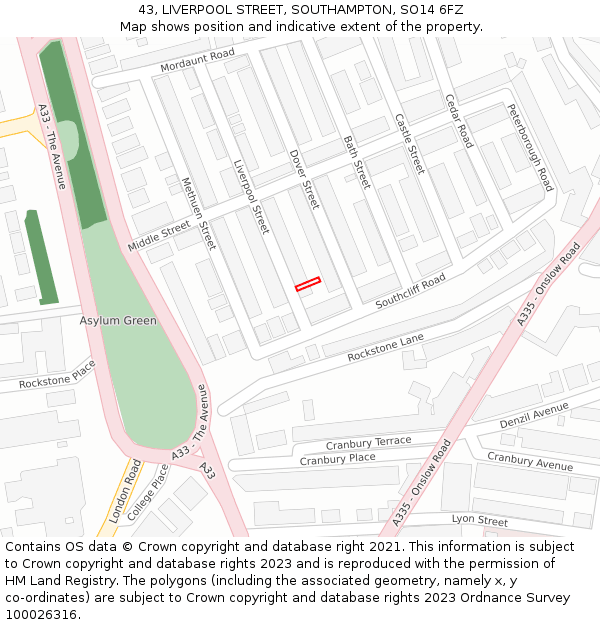 43, LIVERPOOL STREET, SOUTHAMPTON, SO14 6FZ: Location map and indicative extent of plot