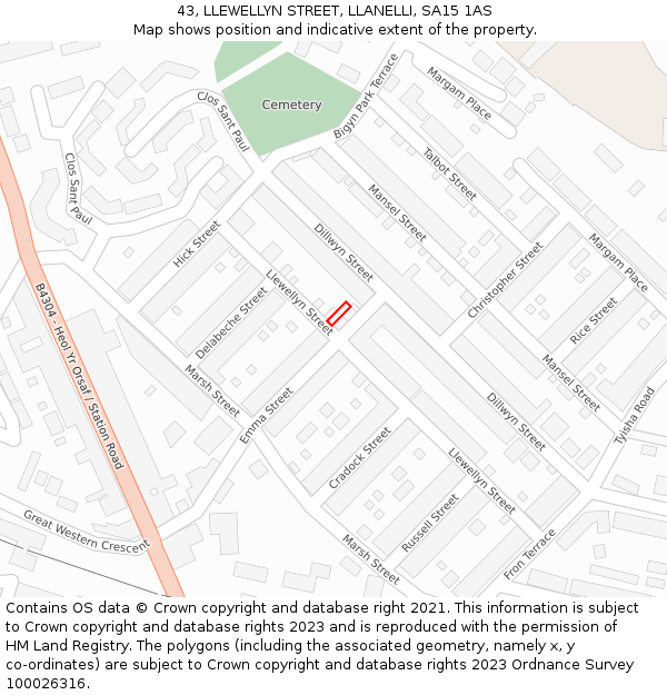 43, LLEWELLYN STREET, LLANELLI, SA15 1AS: Location map and indicative extent of plot