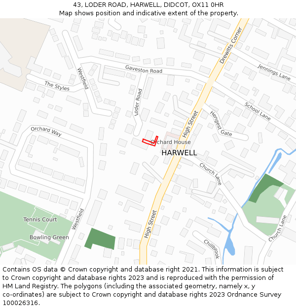 43, LODER ROAD, HARWELL, DIDCOT, OX11 0HR: Location map and indicative extent of plot