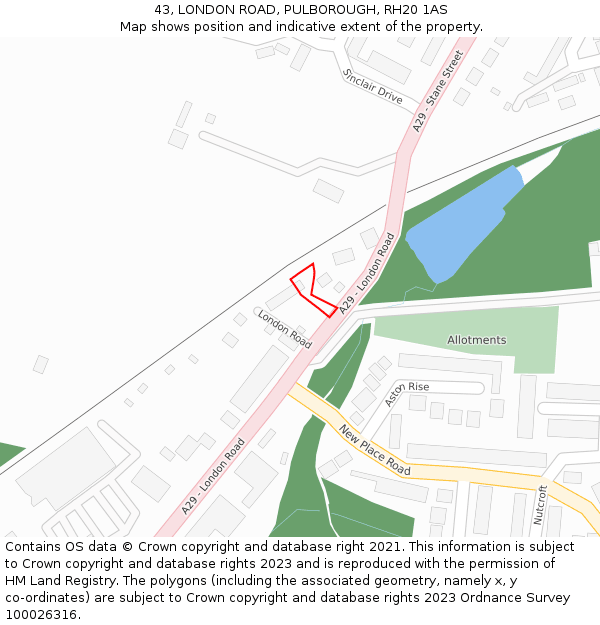 43, LONDON ROAD, PULBOROUGH, RH20 1AS: Location map and indicative extent of plot