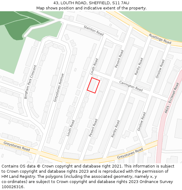 43, LOUTH ROAD, SHEFFIELD, S11 7AU: Location map and indicative extent of plot