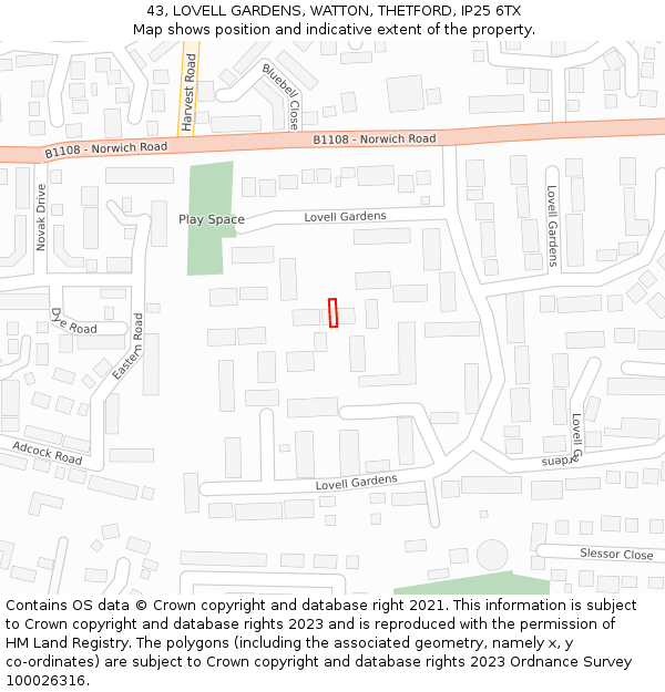 43, LOVELL GARDENS, WATTON, THETFORD, IP25 6TX: Location map and indicative extent of plot