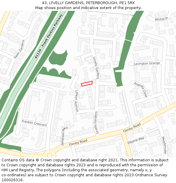 43, LYVELLY GARDENS, PETERBOROUGH, PE1 5RX: Location map and indicative extent of plot