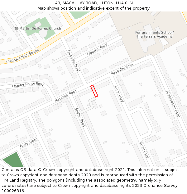 43, MACAULAY ROAD, LUTON, LU4 0LN: Location map and indicative extent of plot