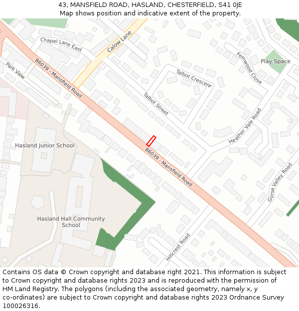43, MANSFIELD ROAD, HASLAND, CHESTERFIELD, S41 0JE: Location map and indicative extent of plot