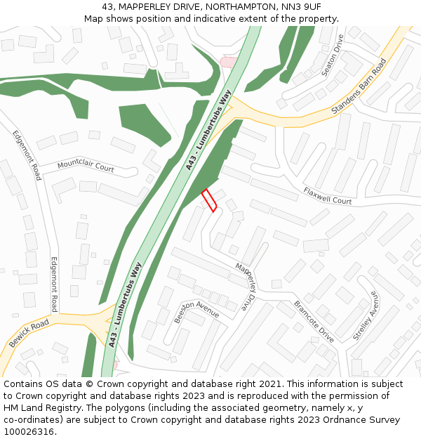 43, MAPPERLEY DRIVE, NORTHAMPTON, NN3 9UF: Location map and indicative extent of plot