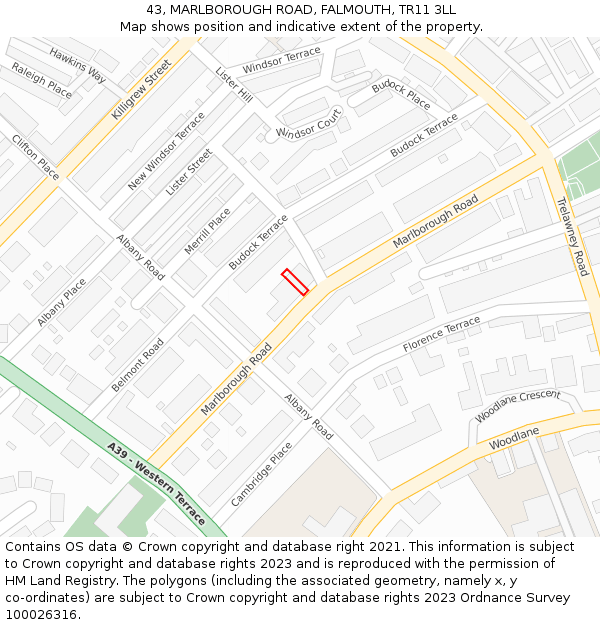 43, MARLBOROUGH ROAD, FALMOUTH, TR11 3LL: Location map and indicative extent of plot