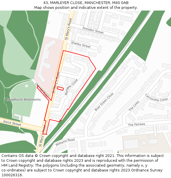 43, MARLEYER CLOSE, MANCHESTER, M40 0AB: Location map and indicative extent of plot