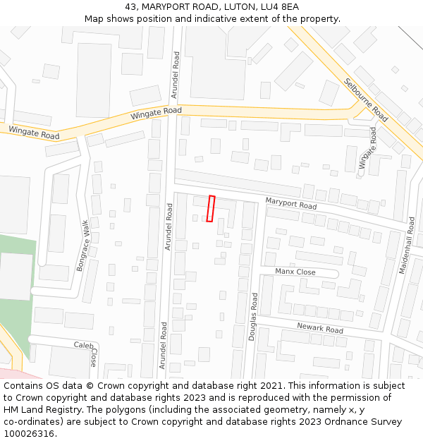 43, MARYPORT ROAD, LUTON, LU4 8EA: Location map and indicative extent of plot