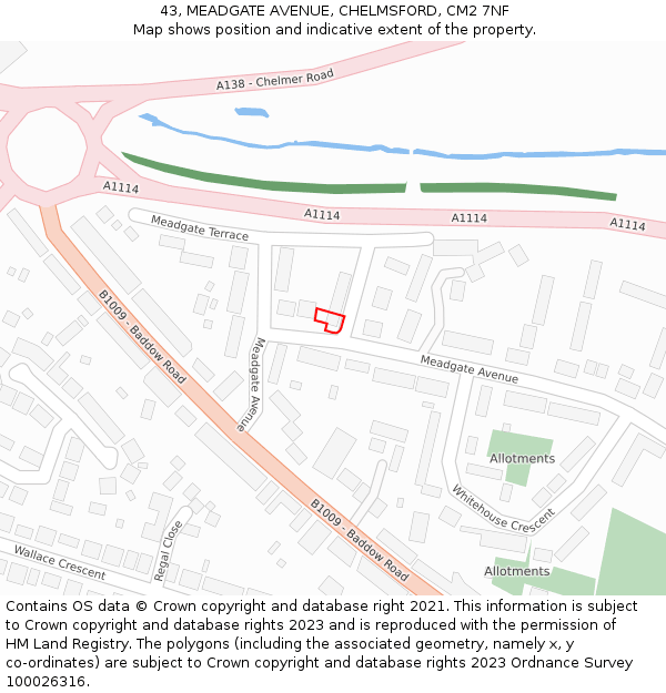 43, MEADGATE AVENUE, CHELMSFORD, CM2 7NF: Location map and indicative extent of plot
