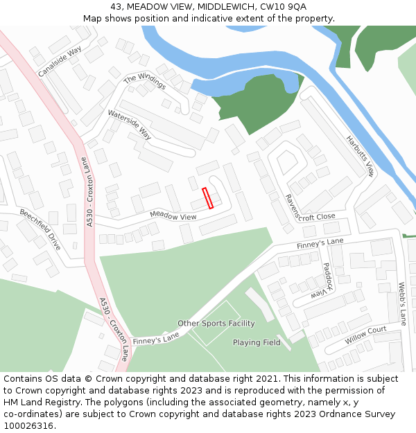 43, MEADOW VIEW, MIDDLEWICH, CW10 9QA: Location map and indicative extent of plot