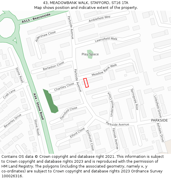 43, MEADOWBANK WALK, STAFFORD, ST16 1TA: Location map and indicative extent of plot