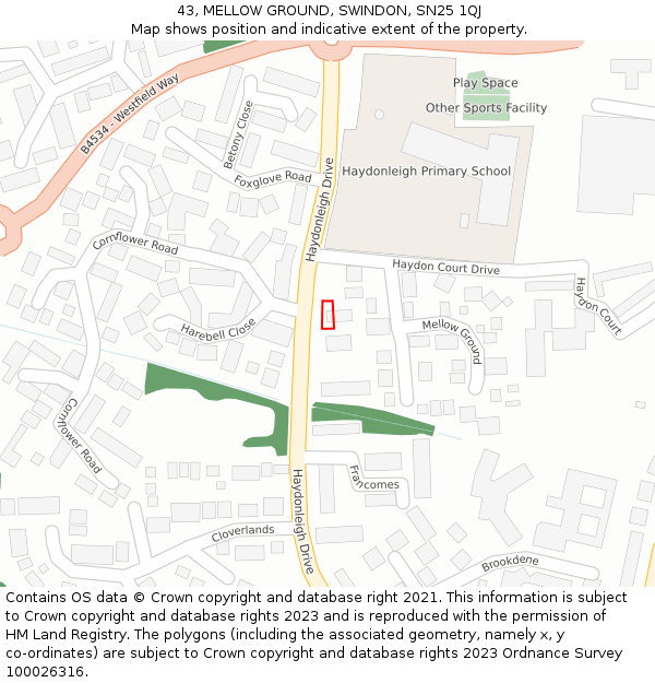 43, MELLOW GROUND, SWINDON, SN25 1QJ: Location map and indicative extent of plot