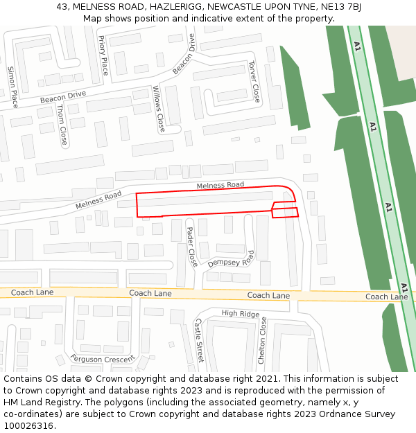 43, MELNESS ROAD, HAZLERIGG, NEWCASTLE UPON TYNE, NE13 7BJ: Location map and indicative extent of plot