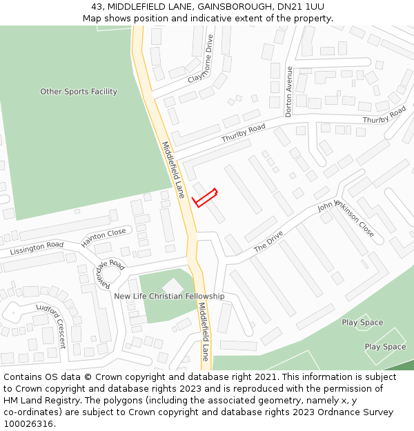 43, MIDDLEFIELD LANE, GAINSBOROUGH, DN21 1UU: Location map and indicative extent of plot