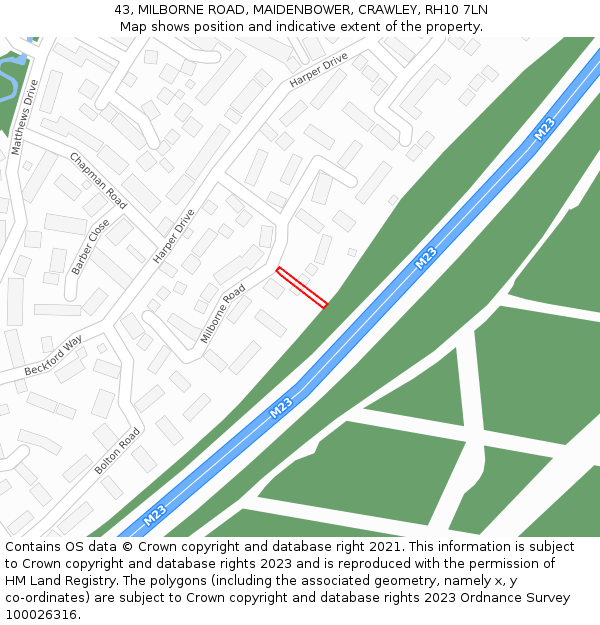 43, MILBORNE ROAD, MAIDENBOWER, CRAWLEY, RH10 7LN: Location map and indicative extent of plot