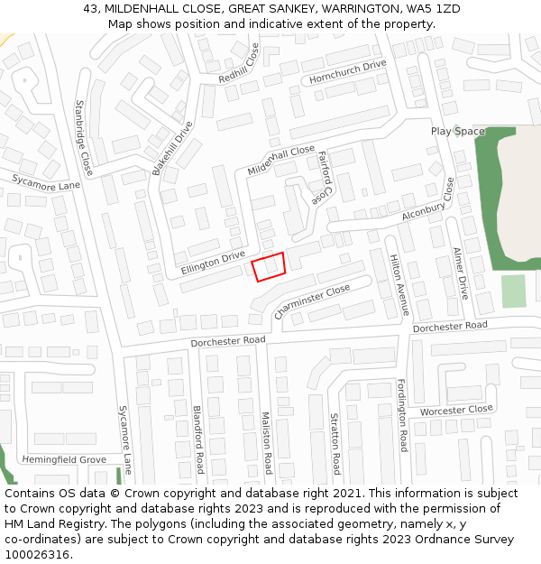 43, MILDENHALL CLOSE, GREAT SANKEY, WARRINGTON, WA5 1ZD: Location map and indicative extent of plot