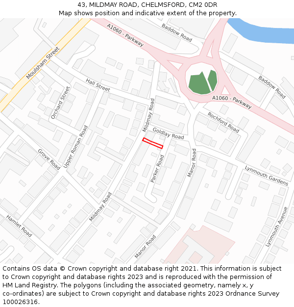 43, MILDMAY ROAD, CHELMSFORD, CM2 0DR: Location map and indicative extent of plot