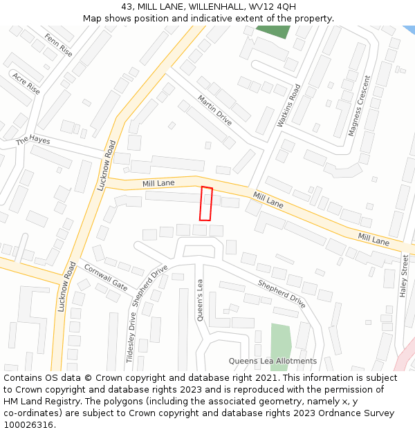 43, MILL LANE, WILLENHALL, WV12 4QH: Location map and indicative extent of plot