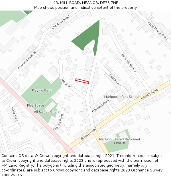 43, MILL ROAD, HEANOR, DE75 7NB: Location map and indicative extent of plot
