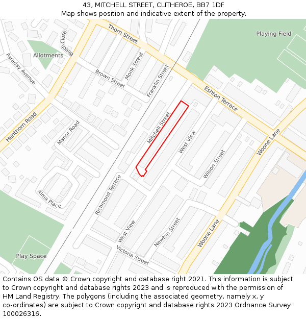 43, MITCHELL STREET, CLITHEROE, BB7 1DF: Location map and indicative extent of plot