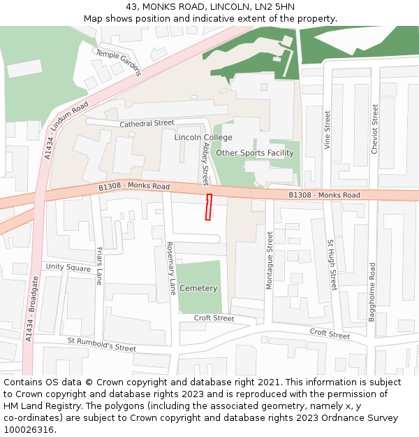 43, MONKS ROAD, LINCOLN, LN2 5HN: Location map and indicative extent of plot