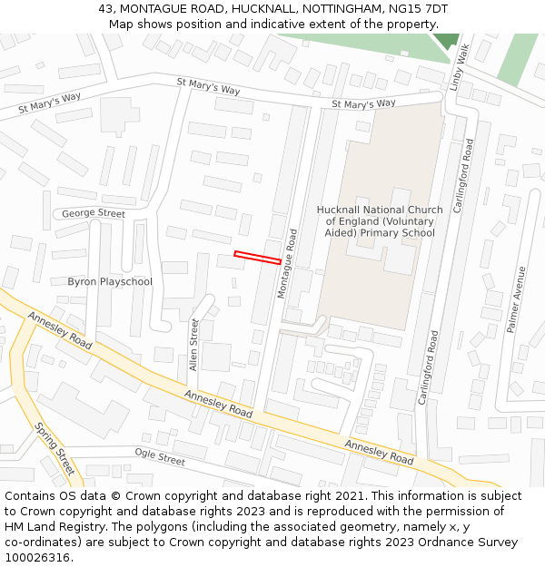 43, MONTAGUE ROAD, HUCKNALL, NOTTINGHAM, NG15 7DT: Location map and indicative extent of plot