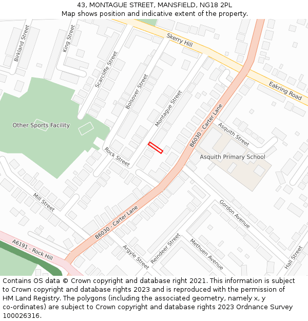 43, MONTAGUE STREET, MANSFIELD, NG18 2PL: Location map and indicative extent of plot