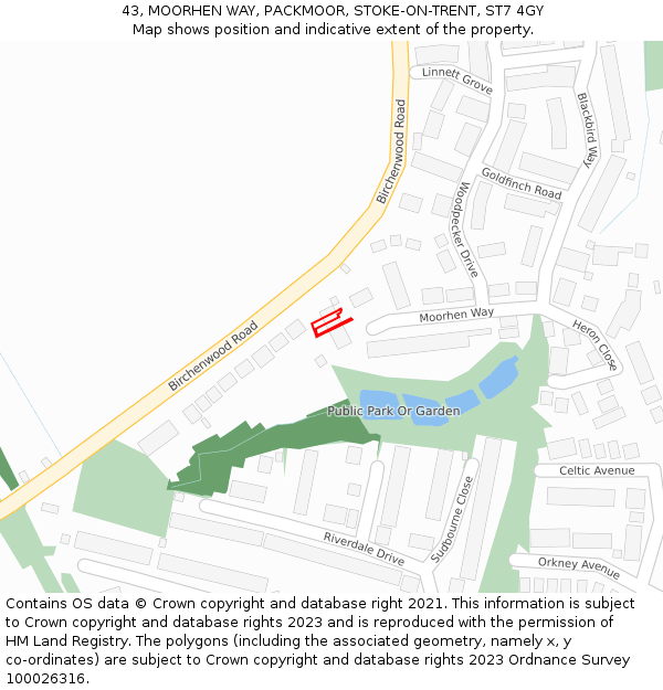 43, MOORHEN WAY, PACKMOOR, STOKE-ON-TRENT, ST7 4GY: Location map and indicative extent of plot