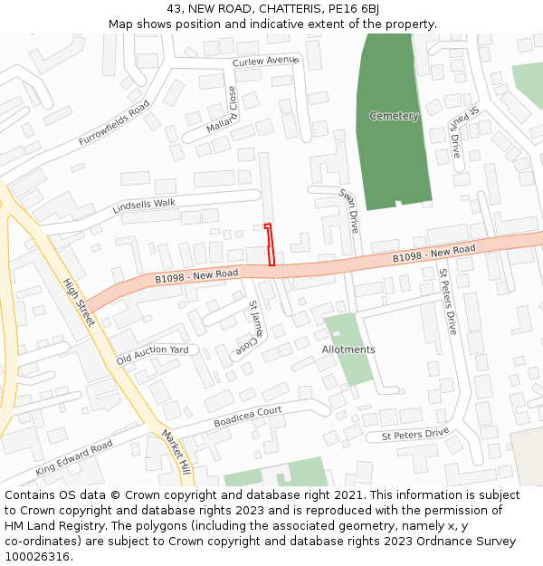 43, NEW ROAD, CHATTERIS, PE16 6BJ: Location map and indicative extent of plot