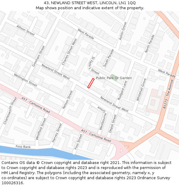 43, NEWLAND STREET WEST, LINCOLN, LN1 1QQ: Location map and indicative extent of plot