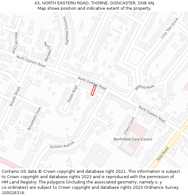 43, NORTH EASTERN ROAD, THORNE, DONCASTER, DN8 4AJ: Location map and indicative extent of plot