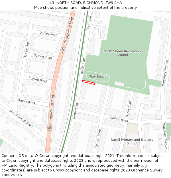43, NORTH ROAD, RICHMOND, TW9 4HA: Location map and indicative extent of plot