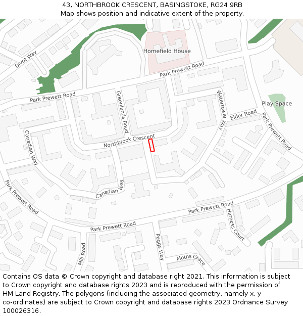 43, NORTHBROOK CRESCENT, BASINGSTOKE, RG24 9RB: Location map and indicative extent of plot