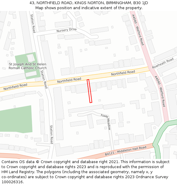 43, NORTHFIELD ROAD, KINGS NORTON, BIRMINGHAM, B30 1JD: Location map and indicative extent of plot