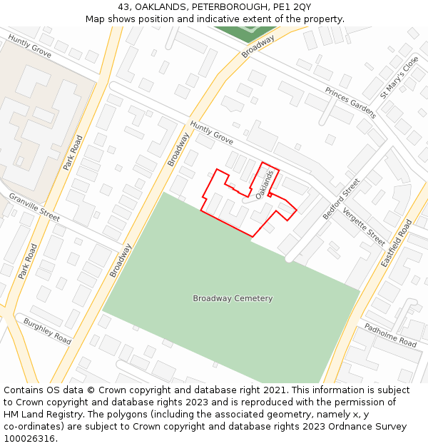 43, OAKLANDS, PETERBOROUGH, PE1 2QY: Location map and indicative extent of plot