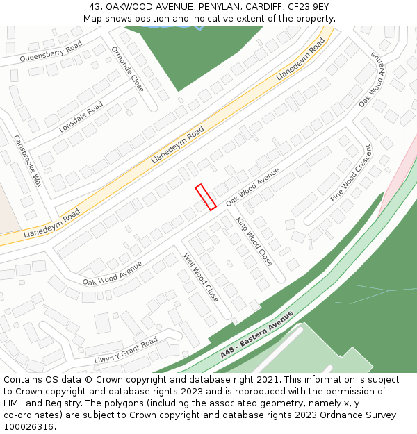 43, OAKWOOD AVENUE, PENYLAN, CARDIFF, CF23 9EY: Location map and indicative extent of plot