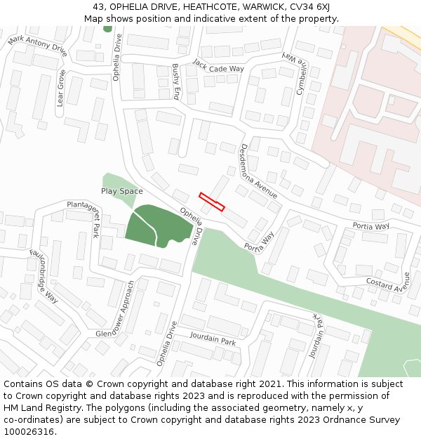 43, OPHELIA DRIVE, HEATHCOTE, WARWICK, CV34 6XJ: Location map and indicative extent of plot