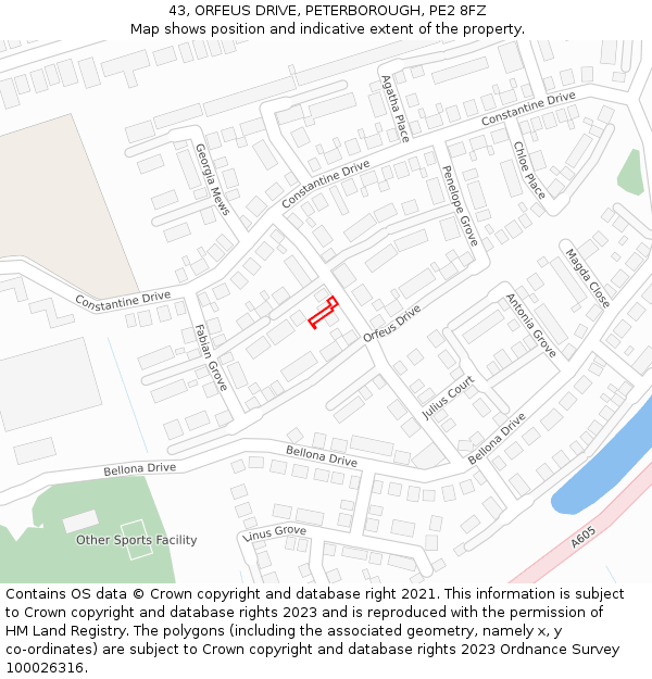 43, ORFEUS DRIVE, PETERBOROUGH, PE2 8FZ: Location map and indicative extent of plot