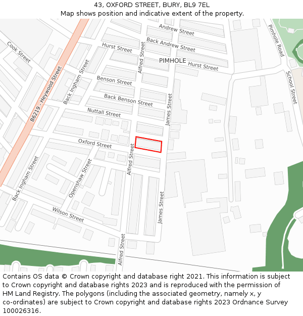 43, OXFORD STREET, BURY, BL9 7EL: Location map and indicative extent of plot