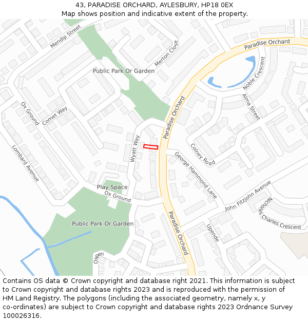 43, PARADISE ORCHARD, AYLESBURY, HP18 0EX: Location map and indicative extent of plot
