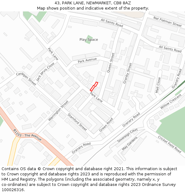 43, PARK LANE, NEWMARKET, CB8 8AZ: Location map and indicative extent of plot
