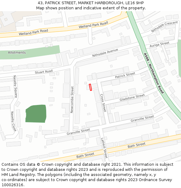 43, PATRICK STREET, MARKET HARBOROUGH, LE16 9HP: Location map and indicative extent of plot
