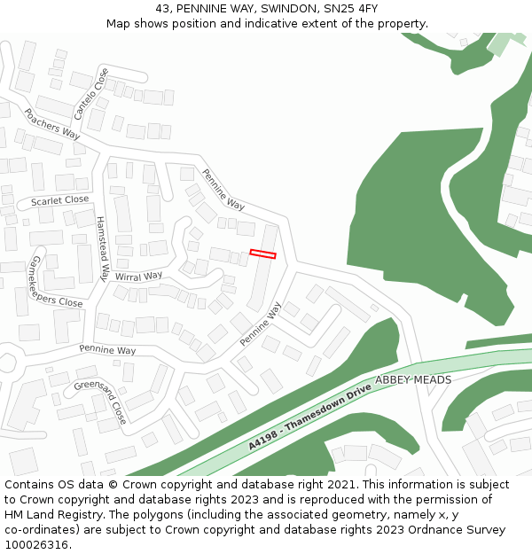 43, PENNINE WAY, SWINDON, SN25 4FY: Location map and indicative extent of plot