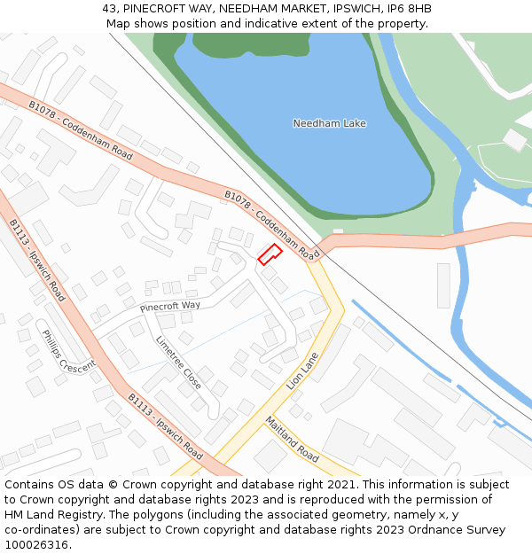 43, PINECROFT WAY, NEEDHAM MARKET, IPSWICH, IP6 8HB: Location map and indicative extent of plot
