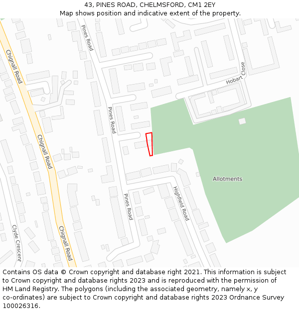 43, PINES ROAD, CHELMSFORD, CM1 2EY: Location map and indicative extent of plot