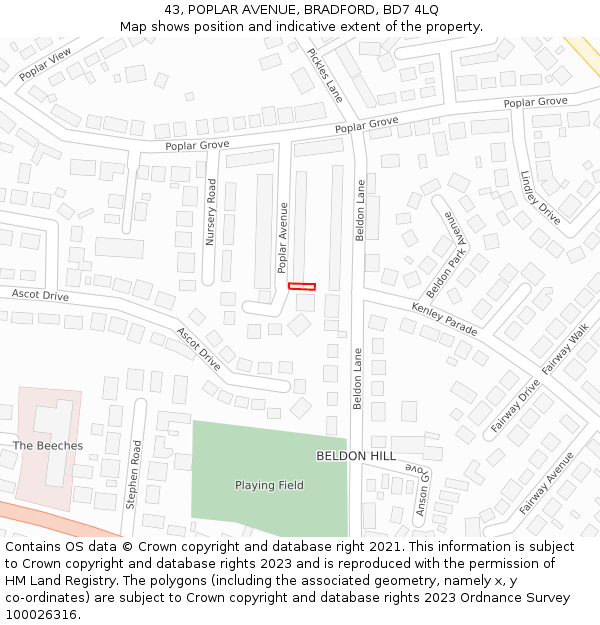43, POPLAR AVENUE, BRADFORD, BD7 4LQ: Location map and indicative extent of plot