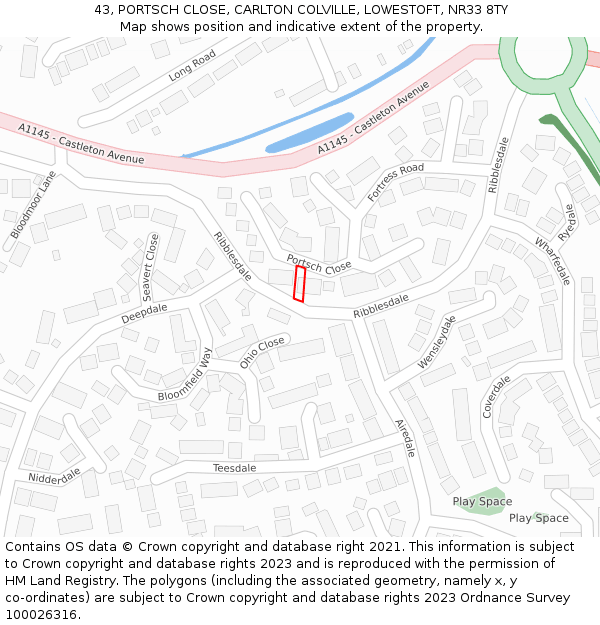 43, PORTSCH CLOSE, CARLTON COLVILLE, LOWESTOFT, NR33 8TY: Location map and indicative extent of plot