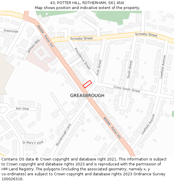 43, POTTER HILL, ROTHERHAM, S61 4NX: Location map and indicative extent of plot